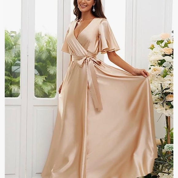 peach satin bridesmaid dresses Cantaloupe Satin Bridesmaid Dress Sheath Maxi Cowl Neck main image 1